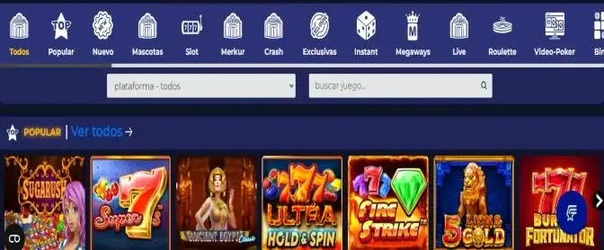 Barra de categorías del casino con los rótulos todos, popular, nuevo, mascotas, slot, crash, exclusivas, instant, megaways, live, roulette y video-póker, y debajo una fila de fichas de juegos populares.